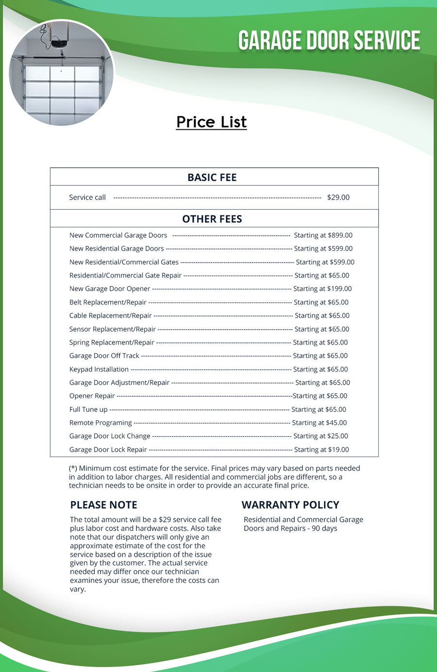 Price List Quality Garage Door Service